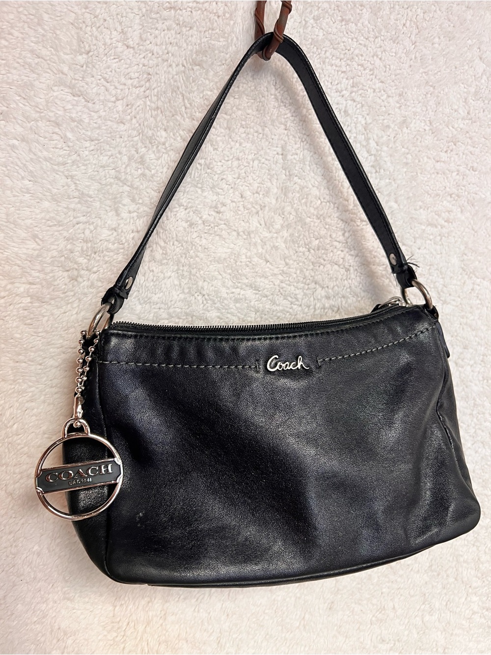 Coach Black Leather Shoulder Bag with Silver Charm